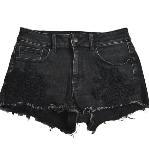 American Eagle Black Hi-Rise Shortie Shorts Lace Detail Super Stretch Size 4 - Picture 4 of 10